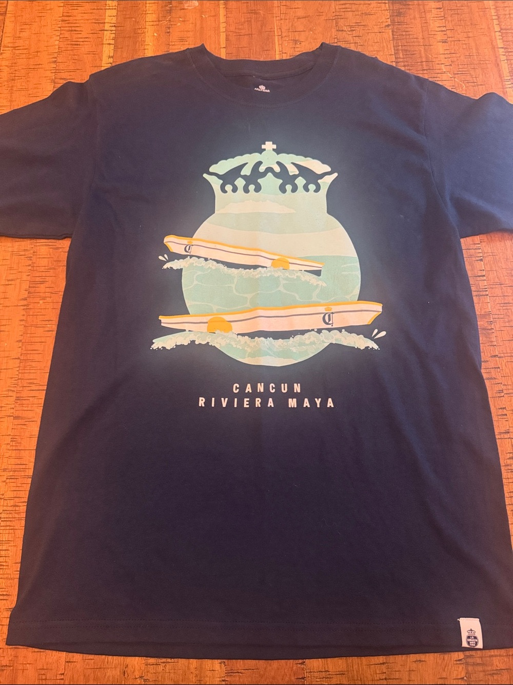 Corona Surf Board Medium Navy Graphic Cancun Riviera Maya Short Sleeve Tee